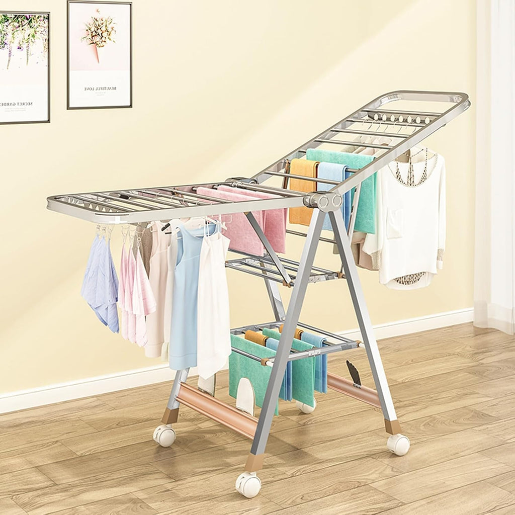 Adjustable Portable Rolling Garment Rack with Wheels, Foldable Metal Clothing Organizer with Bottom Shelf for Bedroom, Laundry, Living Room - 150cm