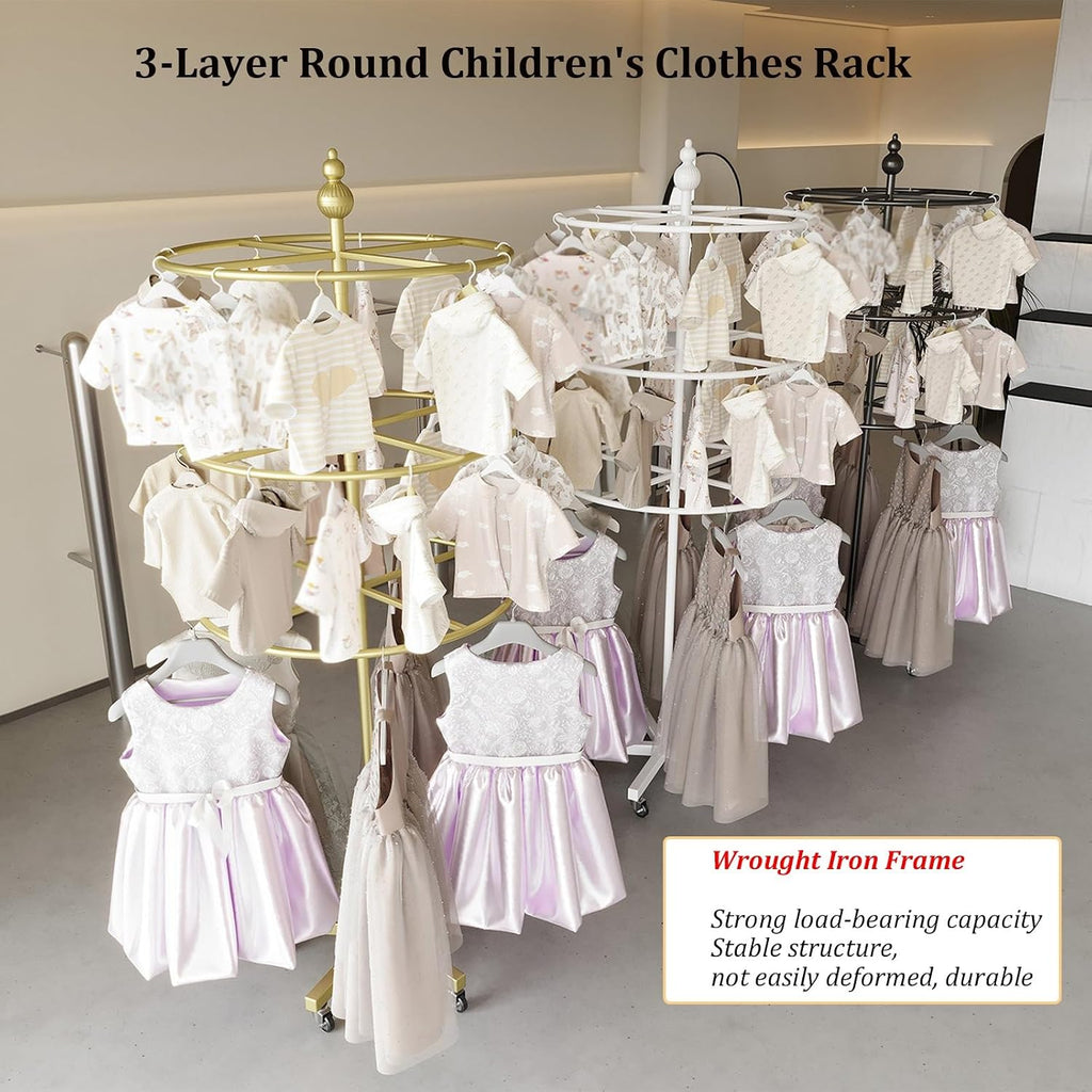 3-Tier Round Garment Rack, 360° Retail Floor Standing Rotating Display Stand, Kids Garment Rack with 5 Wheels, for Retail Store, Boutique, Home Closet(Gold,H-178 cm)