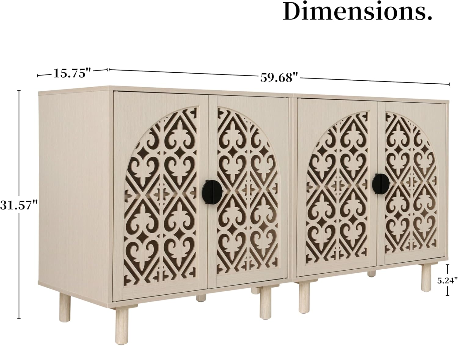 Storage Sideboard Cabinet, 60 x 32 x 16 inches, 4 Doors with Decorative Carved Panels, Natural Wood. [2pcs, Beige]