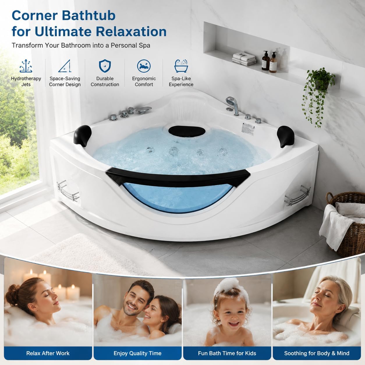 59x59 Inch Corner Bathtub for 2 Person, 6 Jet Whirlpool Tub withChromatherapy LED Lights, Acrylic Soaking Tub with Hydro Massage, Includes Faucet & 2 Bath Pillows (white-2)