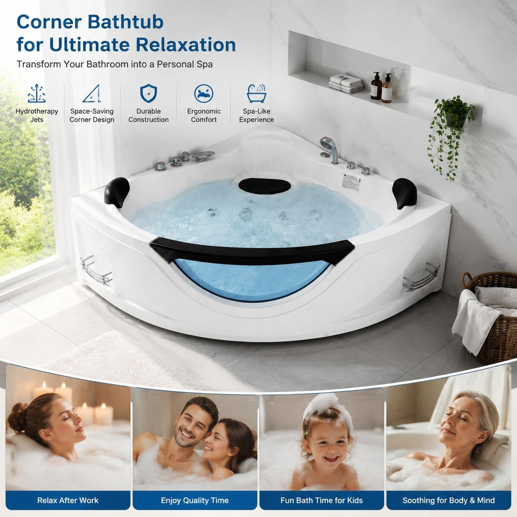 59x59 Inch Corner Bathtub for 2 Person, 6 Jet Whirlpool Tub withChromatherapy LED Lights, Acrylic Soaking Tub with Hydro Massage, Includes Faucet & 2 Bath Pillows