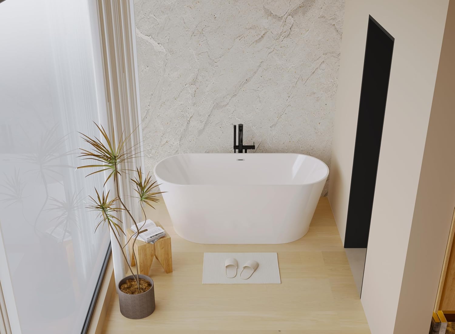 55' Oval Acrylic Freestanding Bathtub, Glossy White Standalone Soaking Tub with Toe-Tap Chrome Drain, CUPC Certified