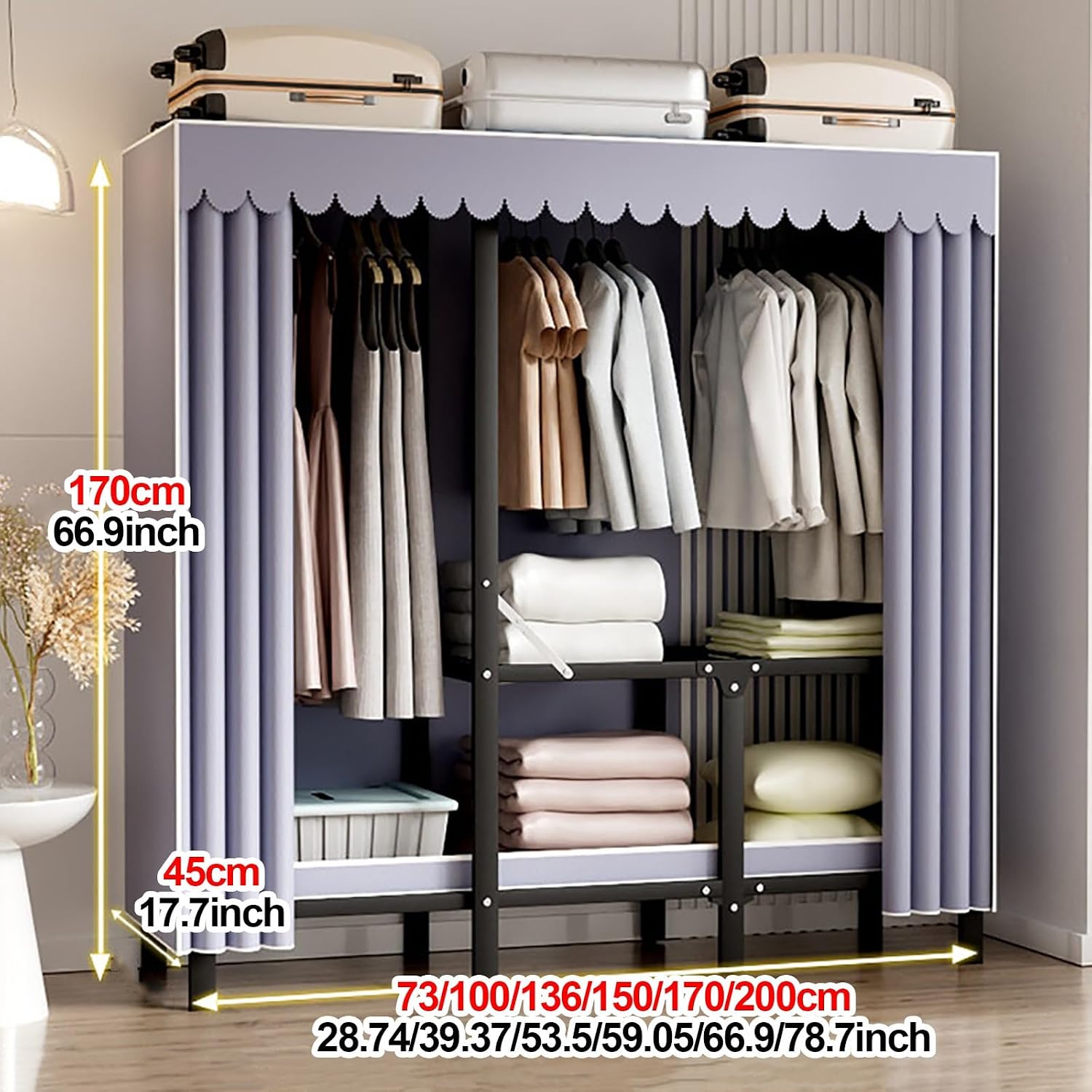Heavy Duty Wardrobe Closet With Cover Foldable Clothes Rack For Hanging Portable Metal Clothing Rack Freestanding Coat Storage Covered Armoire Garment Racks Closets(Green,150x45x170cm)