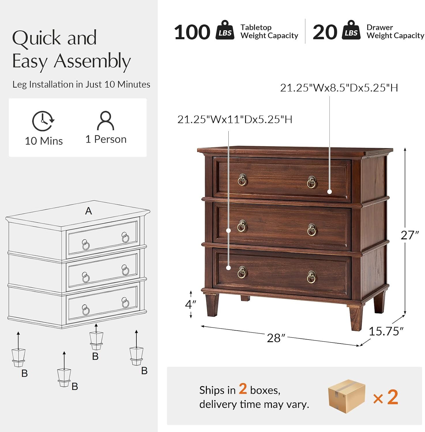 HULALA HOME Farmhouse End Tables Set of 2 with 3 Drawers, Paulownia Solid Wood Side Table with Vintage Knobs, Ancient End Table with Charging Station, Easy Assembly, Walnut