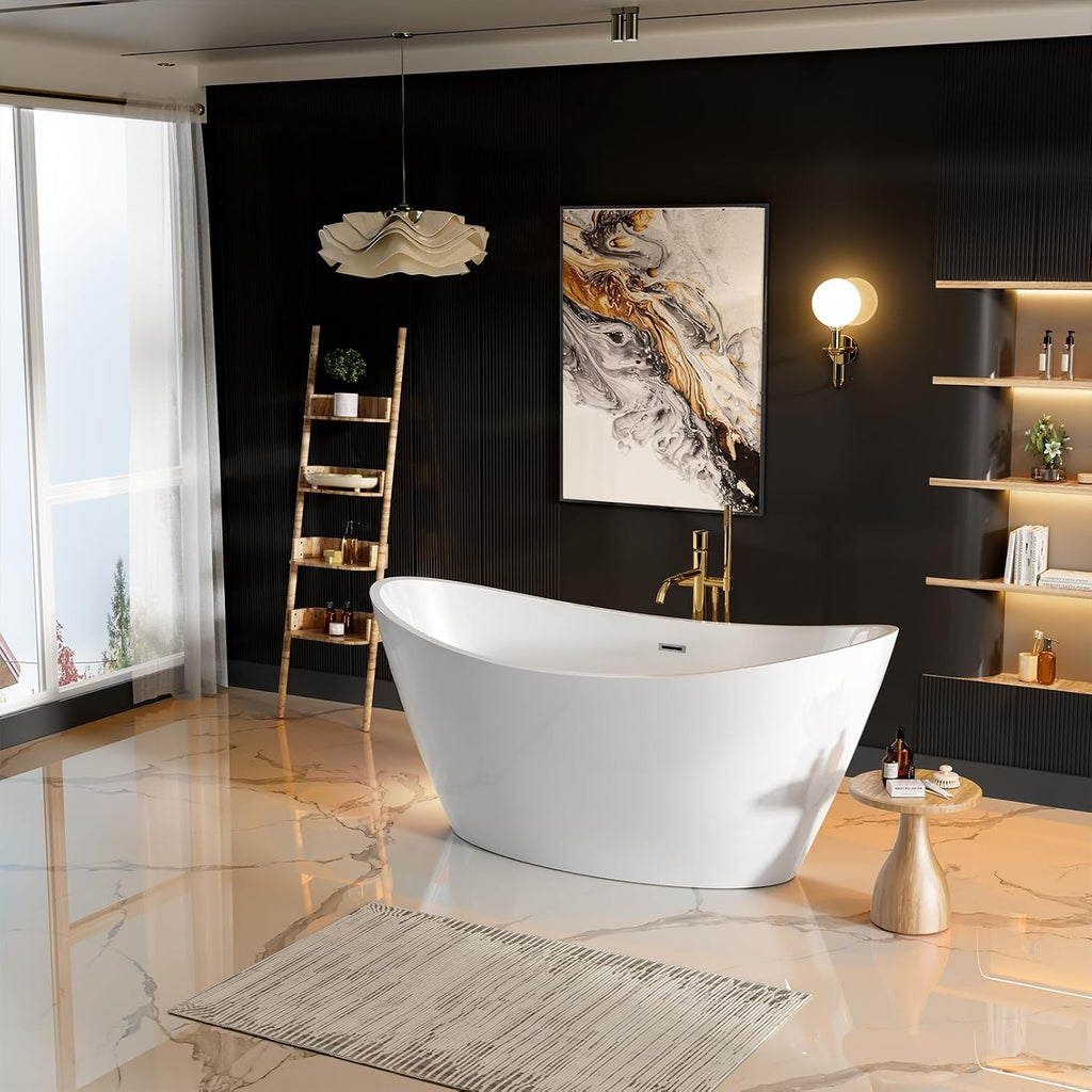 Empava 59' Freestanding Bathtub, Luxury Acrylic Soaking Tub with Custom Contemporary Design, Includes Brushed Nickel Drain and Overflow, Easy Installation, cUPC Certified, White