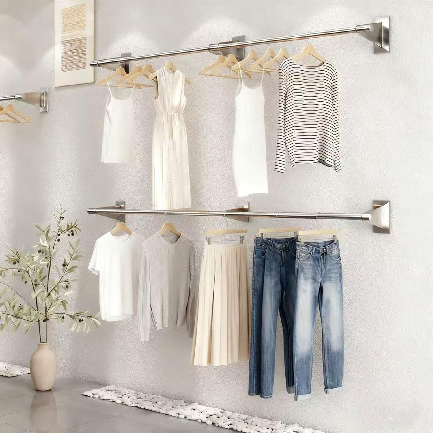 Wall Mounted Industrial Pipe Garment Rack,Retail Store Stainless Steel Clothing Display Stand,Space-Saving Hanging Closet Rod，Garment Hanging Storage Rail Towel Rack,for Bedroom, Laundry Room