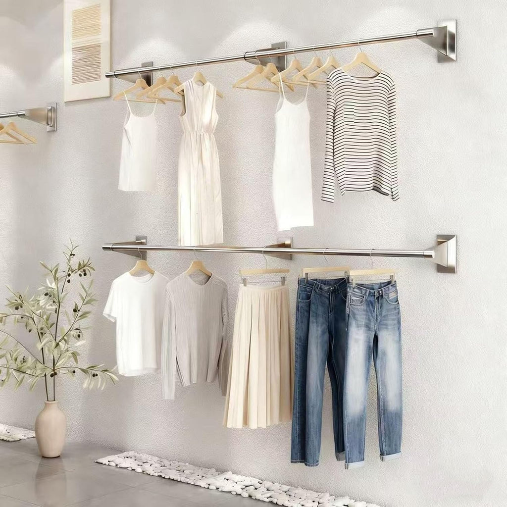 Wall Mounted Industrial Pipe Garment Rack,Retail Store Stainless Steel Clothing Display Stand,Space-Saving Hanging Closet Rod，Garment Hanging Storage Rail Towel Rack,for Bedroom, Laundry Room