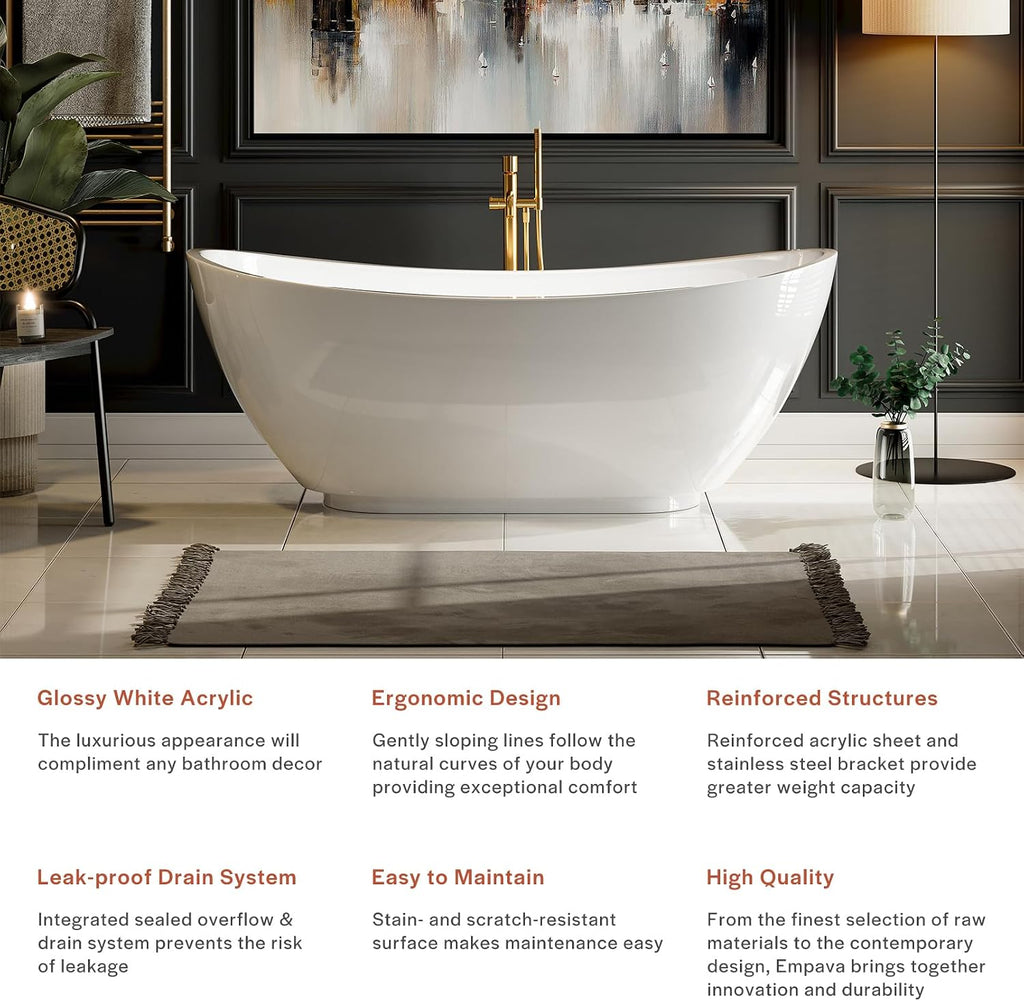 Empava 69 Inch Freestanding Bathtub, Acrylic Soaking Tub with 15' Internal Water Depth & Non-Slip Bottom, Modern Oval White Tub for One Adult, 58 Gallon Capacity, cUPC Certified