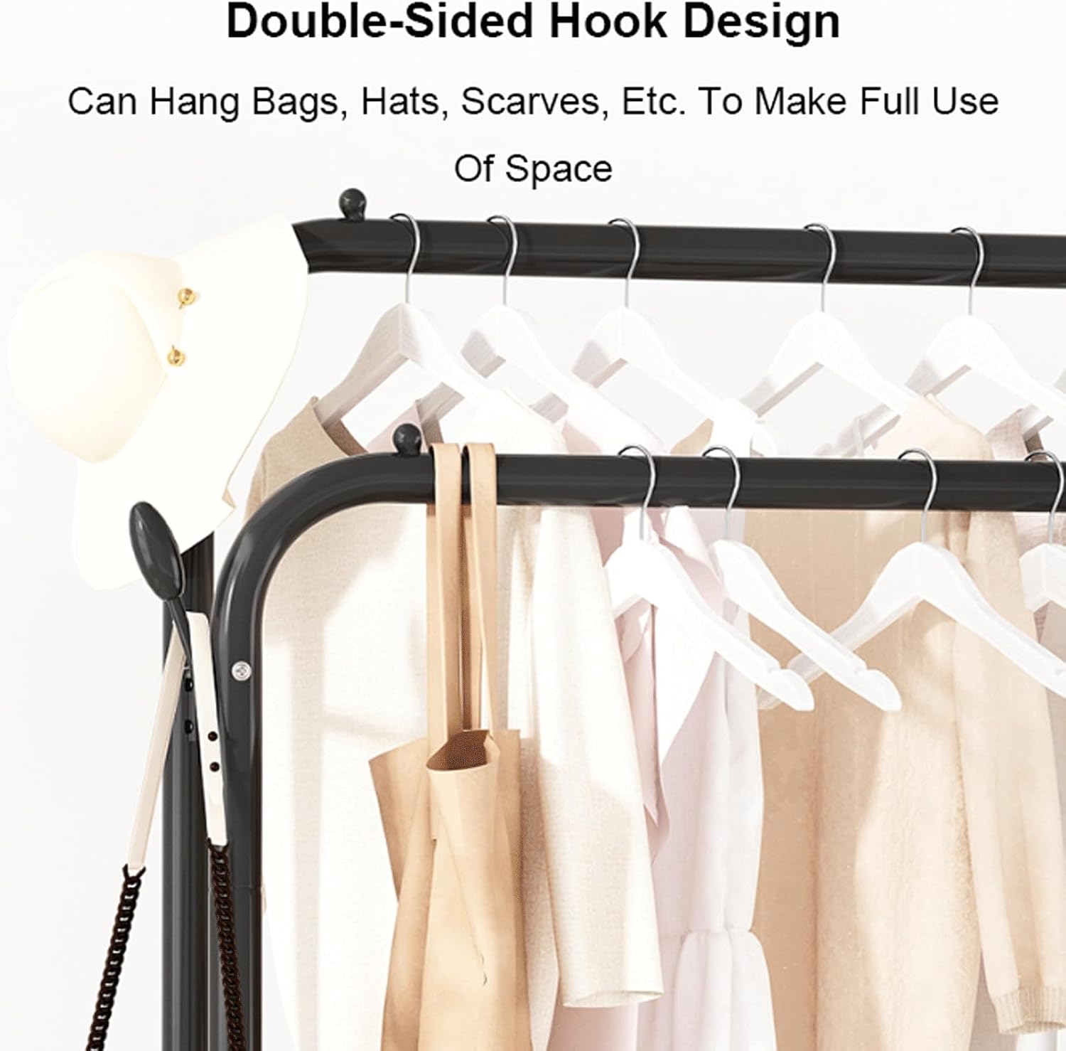 Heavy Duty Clothes Rail Rolling Garment Rack on Wheels Freestanding Metal Clothing Rack w/3-Tier Side Shelves & 2-Tier Shoe Rack for Bedroom Shop