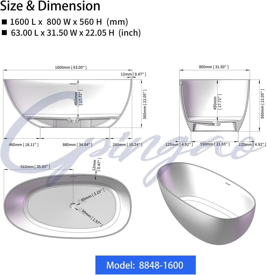 Cpingao 63' Stone Resin Freestanding Bathtub, Oval Solid Surface Contemporary Soaking Tub, Matte White Flatbottom Tubs with Overflow and Pop-up Drain, cUPC Certified 8848-1600