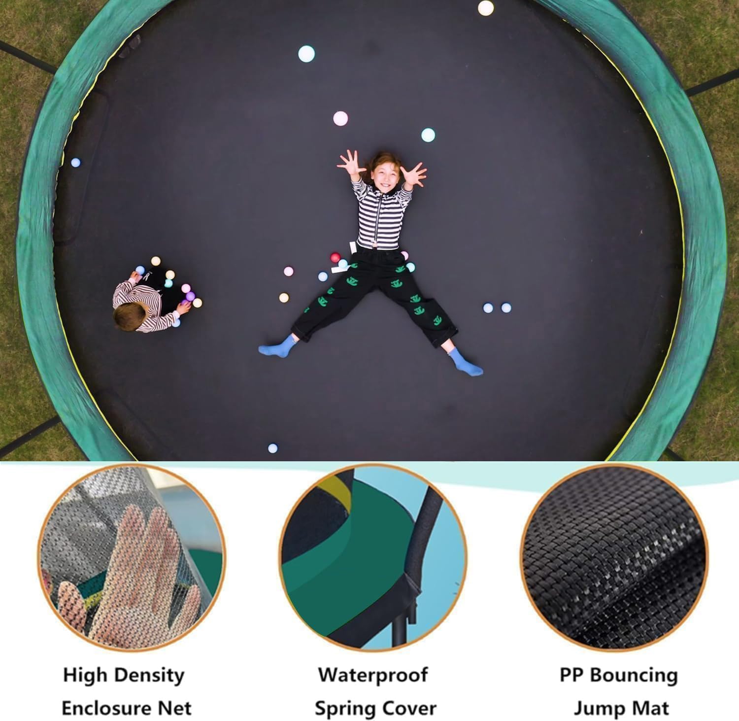 1500LBS 16FT 15FT 14FT 12 FT 10FT 8FT Tranpoline for Kids and Adults with Sprinkler, Lights with Music Speaker, Socks, Water Ball, Heavy Duty Outdoor Tranpoline with Net Enclosure and Ladder