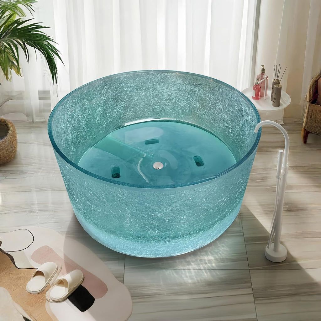 47' Edeyeu Freestanding Bathtub - Round Solid Surface Bathtub With Ice Crack Texture, Luxury Extra Deep Soaking Tub, Natural Resin Stand Alone Free Standing Tub For Modern Bathroom Design Blue