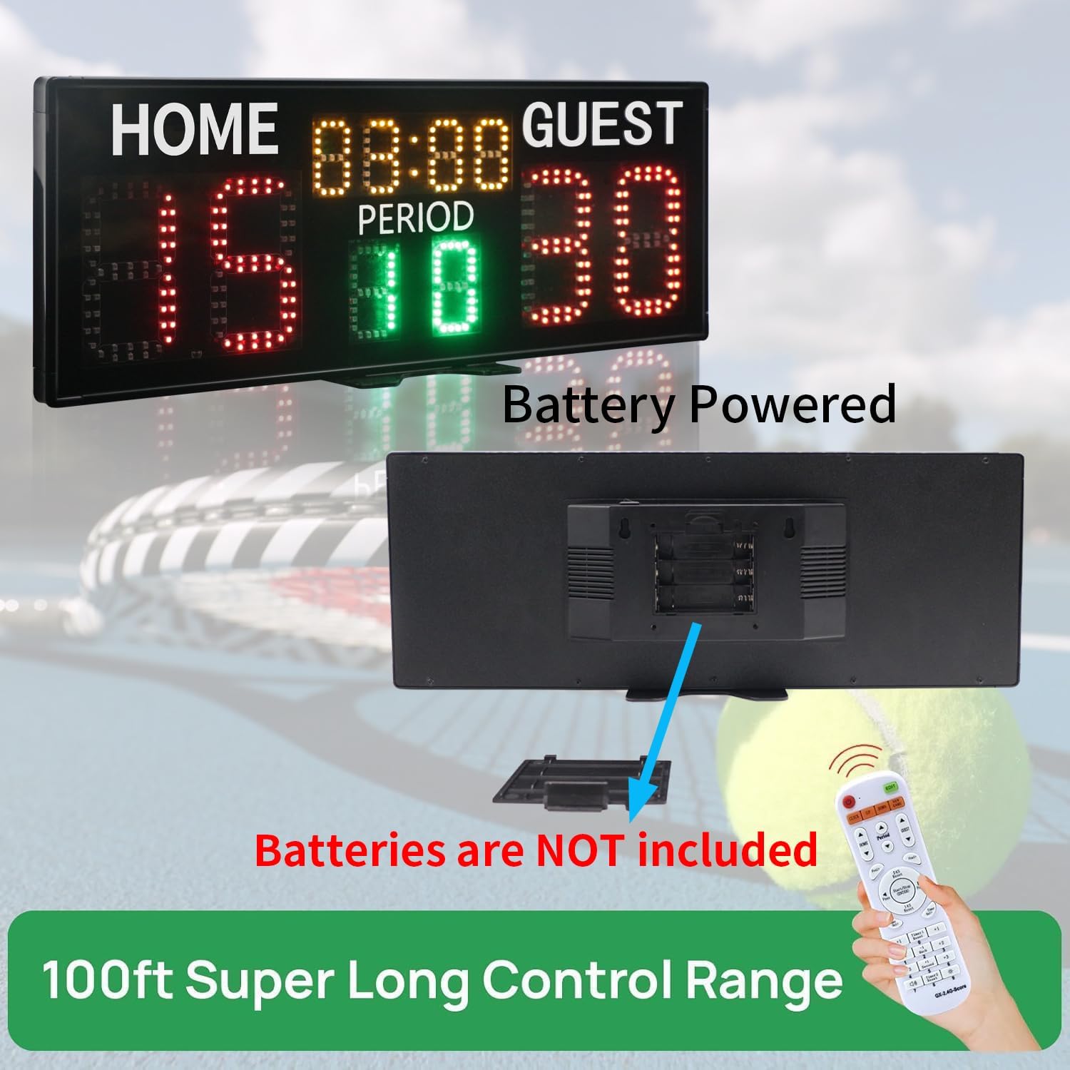 YZ LED Super Bright Electronic Scoreboard with Timer Clock, Battery Powered Digital Scoreboard with Remote, Tennis Score Keeper for Net,Basketball/Volleyball/Baseball/Cornhole Indoor Outdoor Buzzer