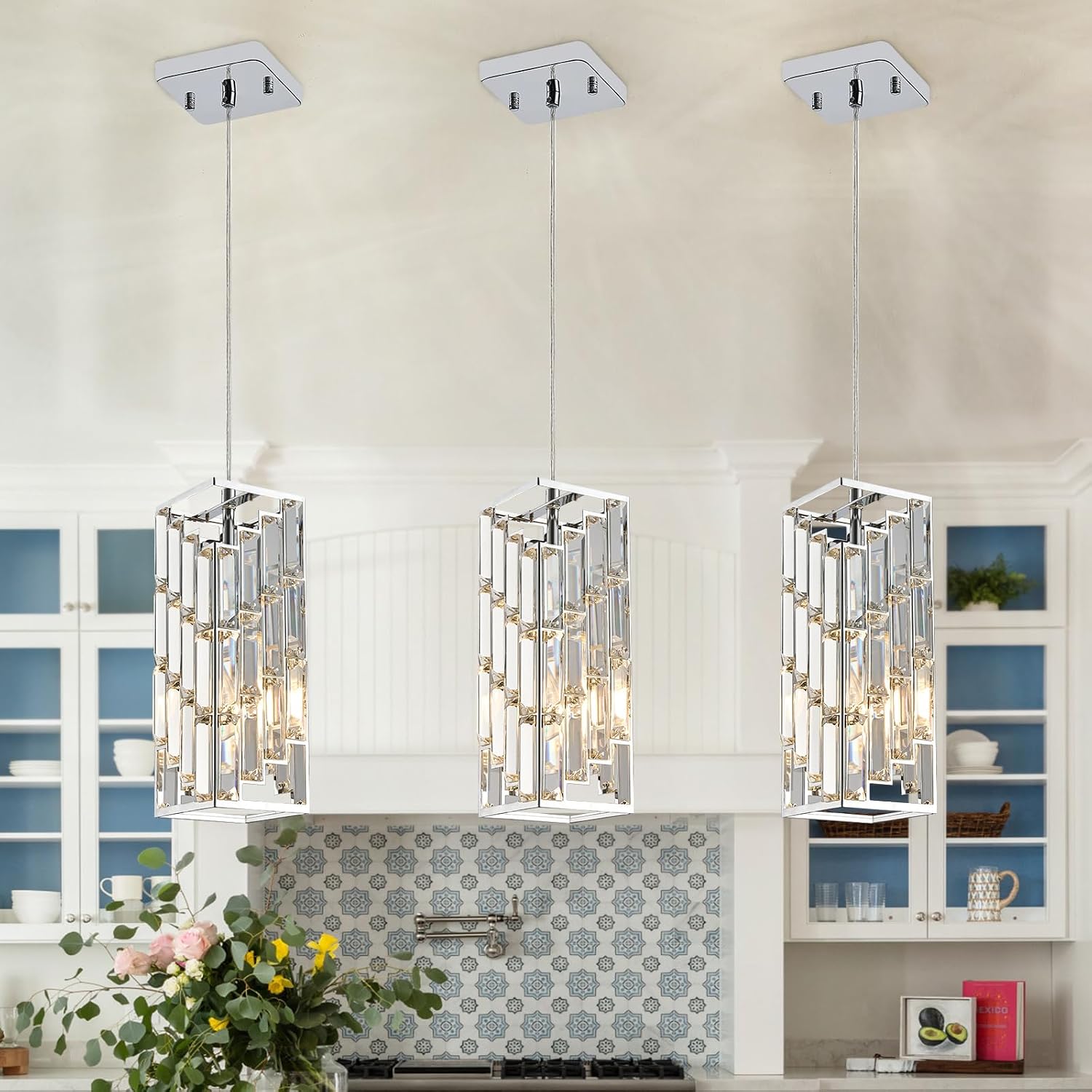 CATINER Chrome Crystal Pendant Lights 3 Pack, Mini Hanging Pendant Lighting Fixture with Adjustable Cord, Modern Kitchen Island Pendant Lights for Dining Room, Bedroom, Hallway, E26 Base