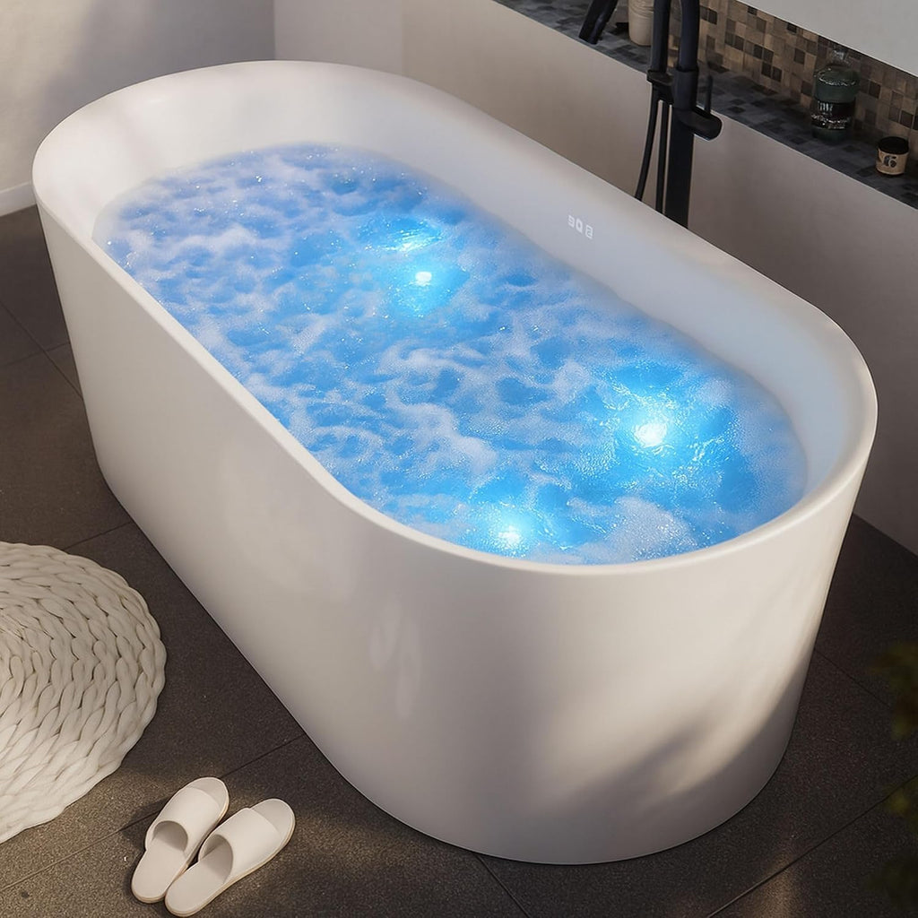 ANZZI Whirlpool Freestanding Bathtub 67 Inch Jericho Series Air Jetted Acrylic Glossy White, 200+ Bubble Jets, 4 Chroma-Therapeutic Lights, Center Drain, 80 gal, Overflow, Pop-Up Drain | FT-AZ067