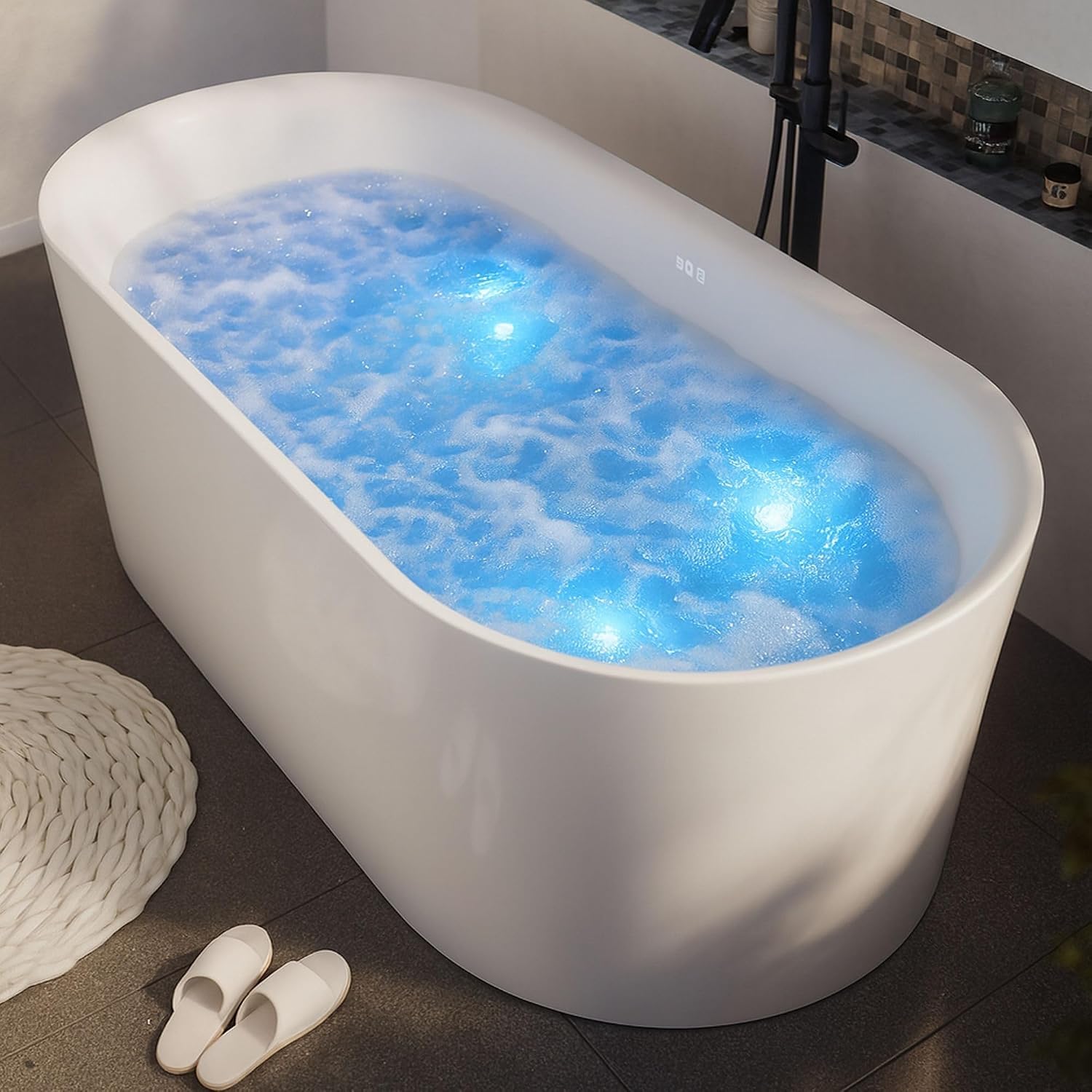 ANZZI Whirlpool Freestanding Bathtub 67 Inch Jericho Series Air Jetted Acrylic Glossy White, 200+ Bubble Jets, 4 Chroma-Therapeutic Lights, Center Drain, 80 gal, Overflow, Pop-Up Drain | FT-AZ067