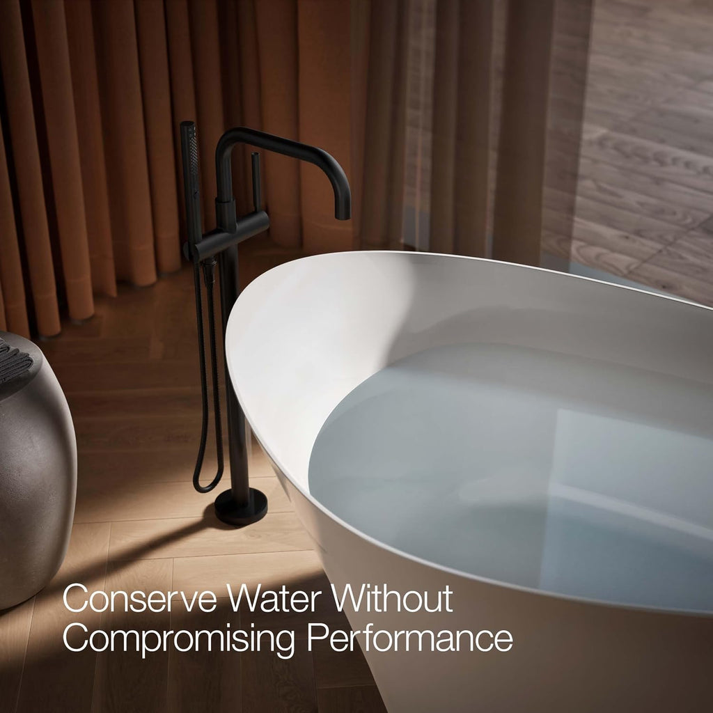 KOHLER T97328-4-BL Purist Floor-Mount Bath Filler Trim with Handshower, Single Lever Handle Bathtub Faucet, 1.75 GPM Handshower, Matte Black