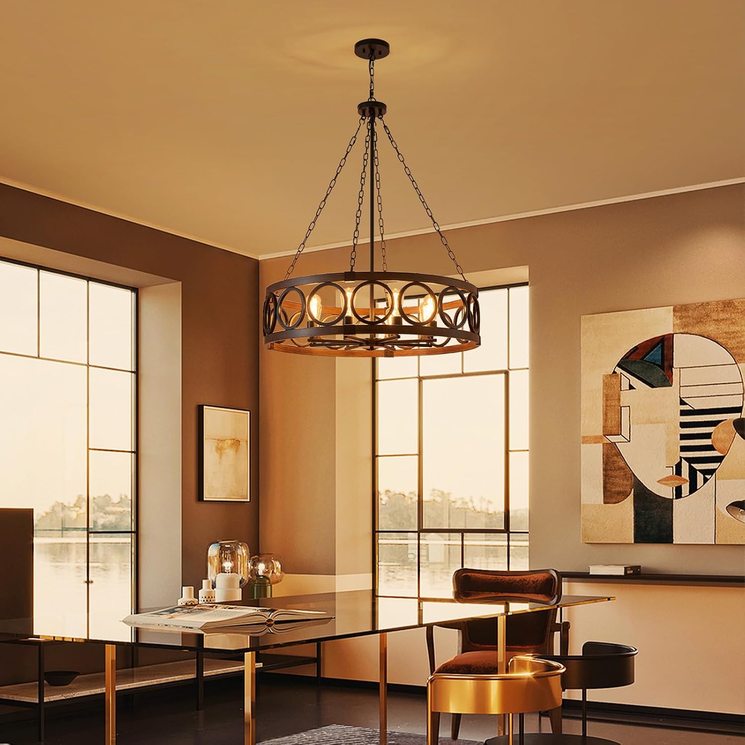 XINGQI Modern Farmhouse Chandelier 32.3' Large Drum 8 Lights Rustic Pendant Lighting Fixture for Living Room Dining Room Kitchen Island Bar Office, Round Metal Shade Black Wood Grain Finish