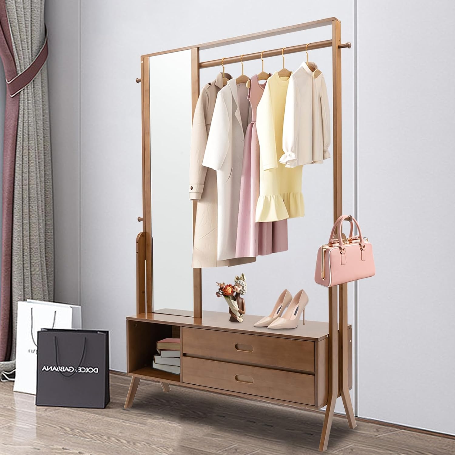 Bamboo Garment Rack with Mirror, Freestanding Wooden Closet Organizers with 2 Storage Drawers&Hooks, Vintage Coat Rack, Open Wardrobe for Entryway Bedroom Living Room
