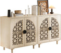Storage Sideboard Cabinet, 60 x 32 x 16 inches, 4 Doors with Decorative Carved Panels, Natural Wood. [2pcs, Beige]