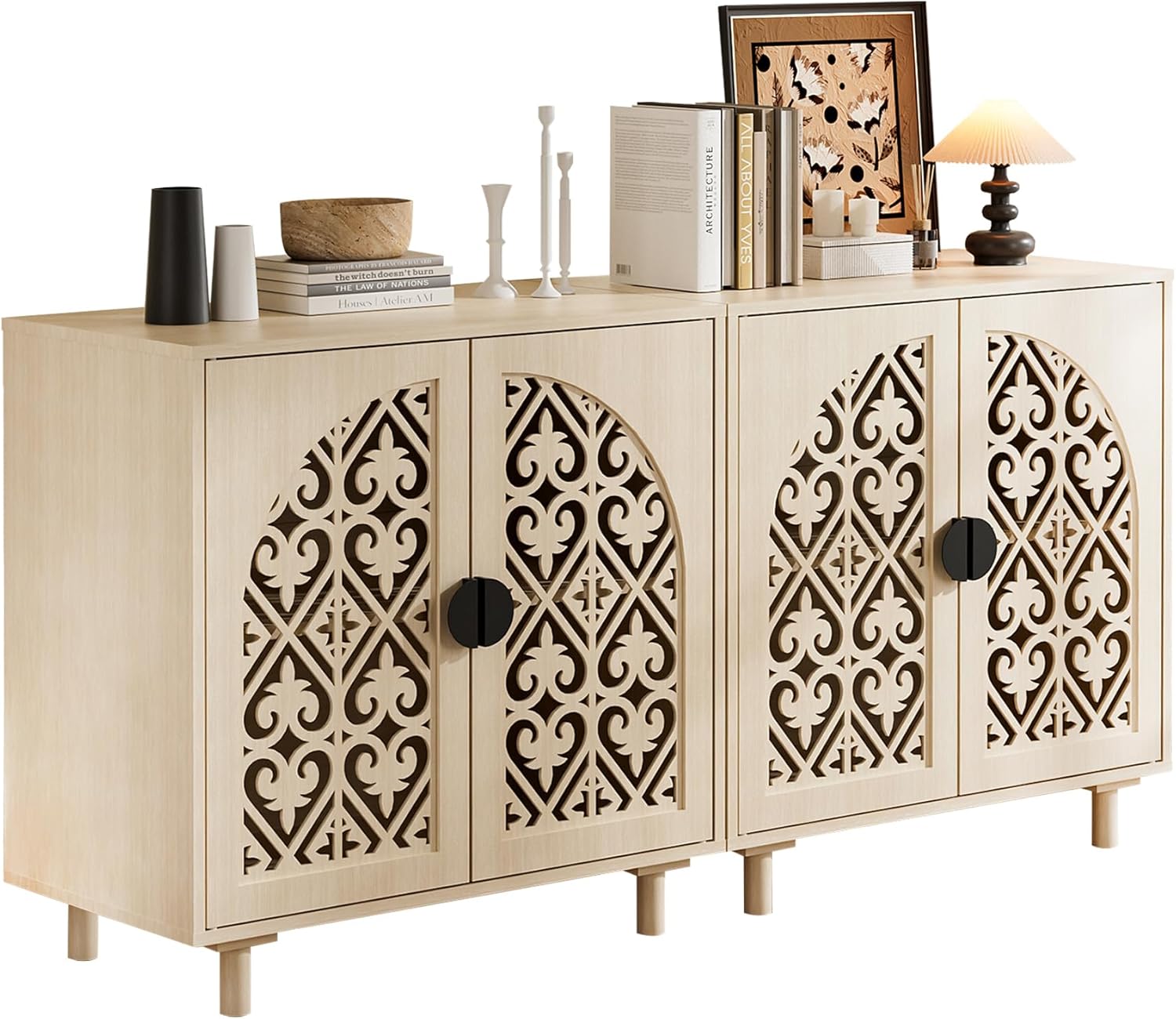 Storage Sideboard Cabinet, 60 x 32 x 16 inches, 4 Doors with Decorative Carved Panels, Natural Wood. [2pcs, Beige]