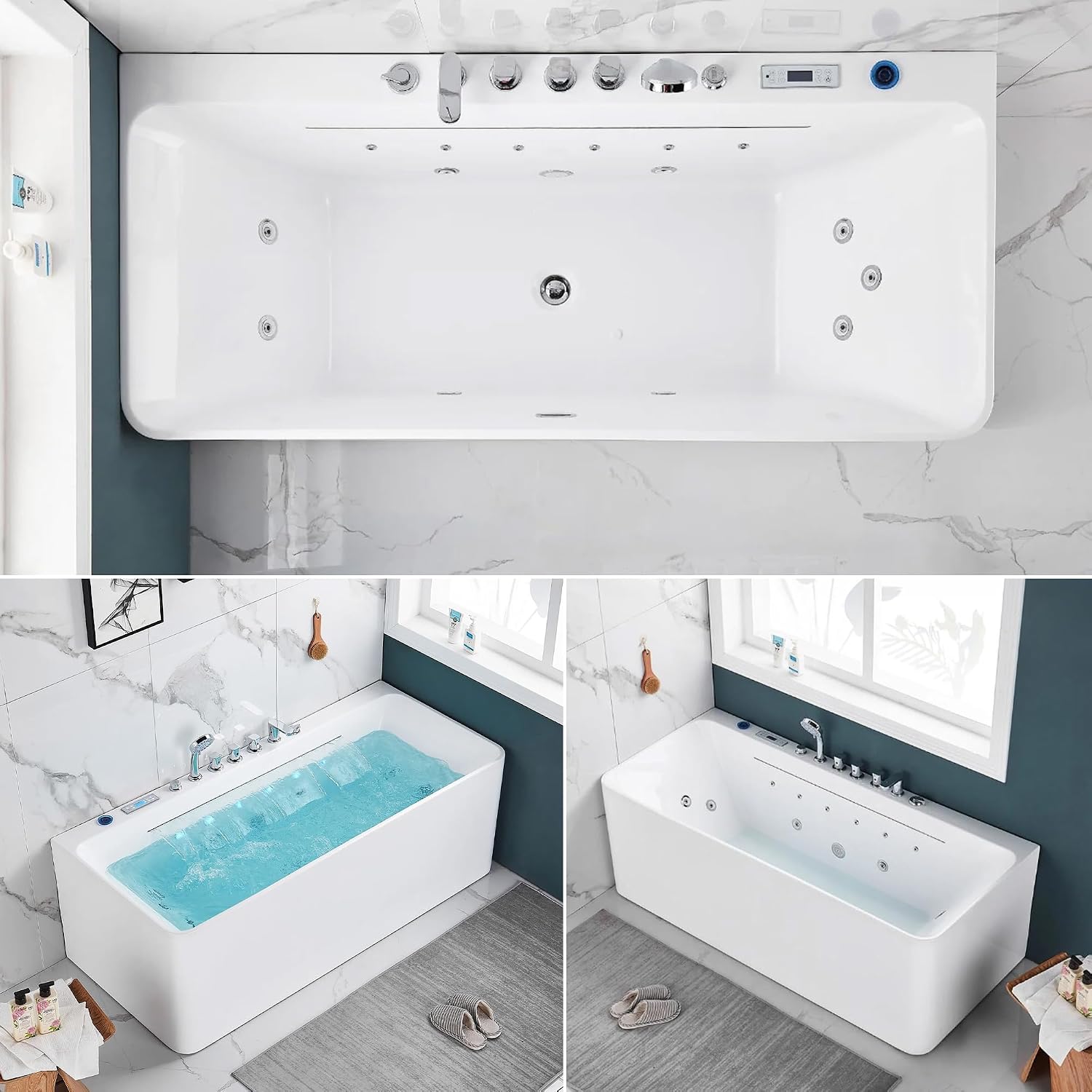 67' Whirlpool Freestanding Soaking Acrylic Jetted Rectangular Bathtub with Waterfall SPA Hydro Massage & Chromatherapy, LED Control Panel with Light, UL Certified