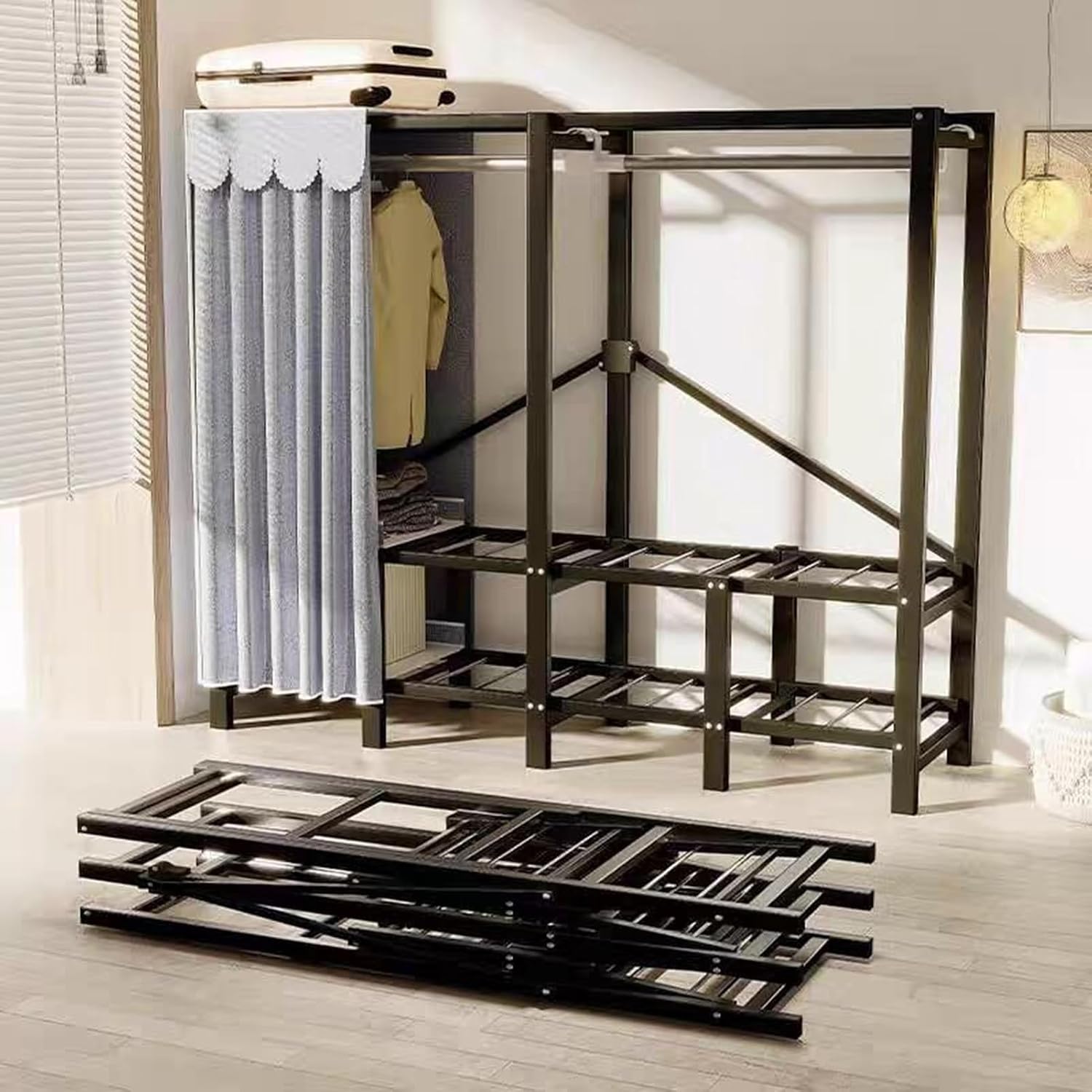 Portable Iron Rack Wardrobe Closet Rack - Large Capacity Floor Hanger, Heavy-Duty Foldable Garment Rack, 1100lbs, With Cover Wardrobe Clothes Organizer System, For Bedroom/corridor/entrance(B,190*50*1