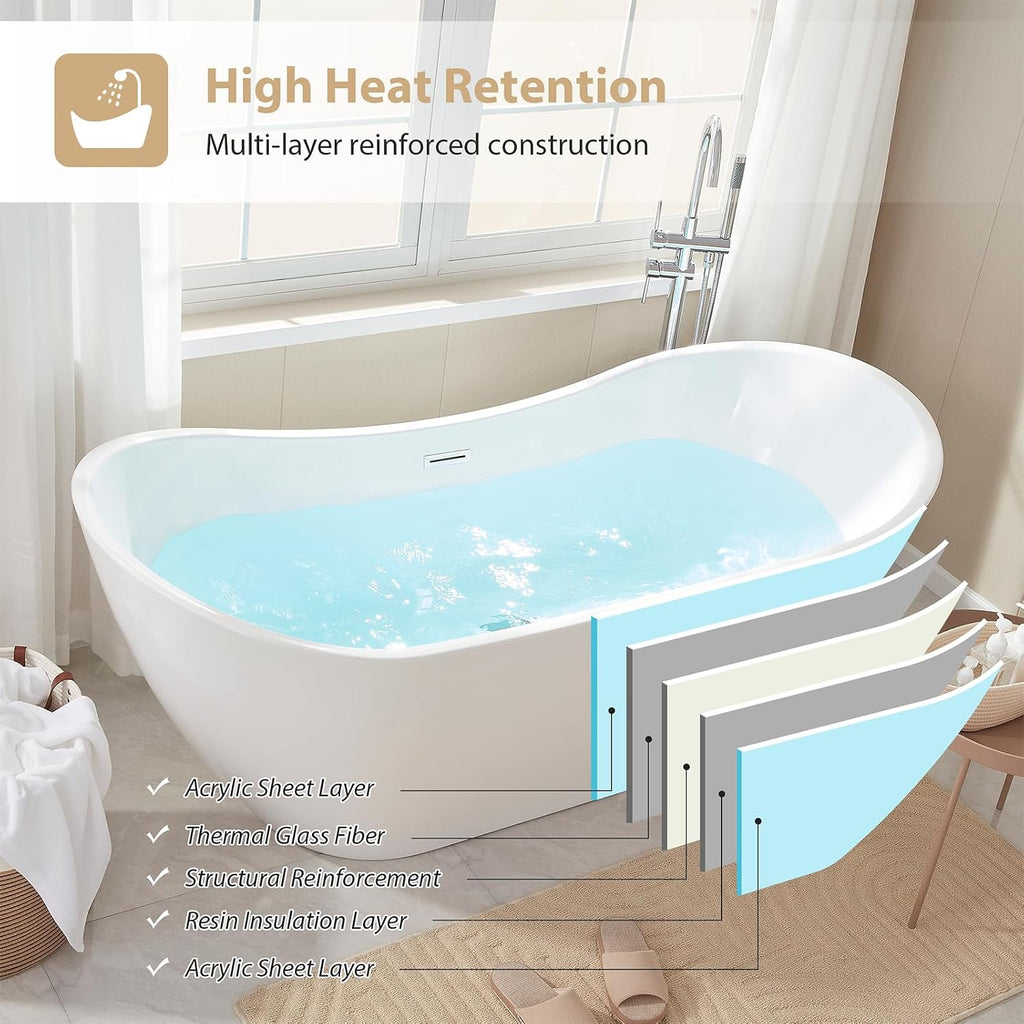 Vanity Art 71' Freestanding Bathtub | Free Standing Tub Stand Alone Tub with Contemporary Design for Soaking and Bathing, Overflow and Pop-up Drain with UPC Certified, Acrylic, VA6517-BN