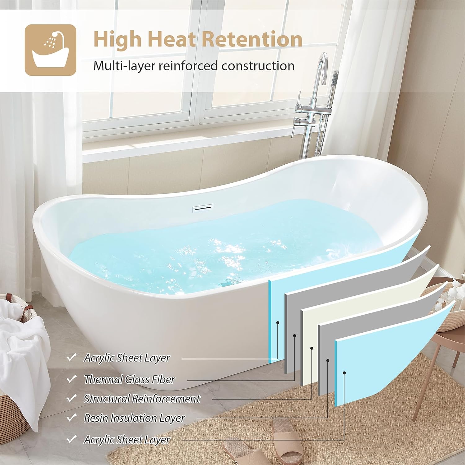 Vanity Art 71' Freestanding Bathtub | Free Standing Tub Stand Alone Tub with Contemporary Design for Soaking and Bathing, Overflow and Pop-up Drain with UPC Certified, Acrylic, VA6517-BN
