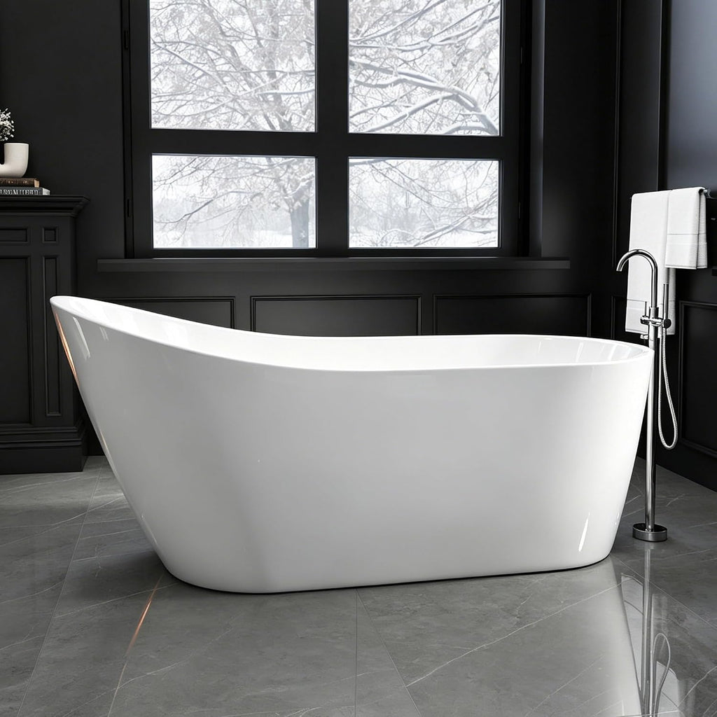 67' Acrylic Free Standing Tub, High-Back Freestanding Bathtub, Soaking Tub with Overflow and Drain, Gloss White