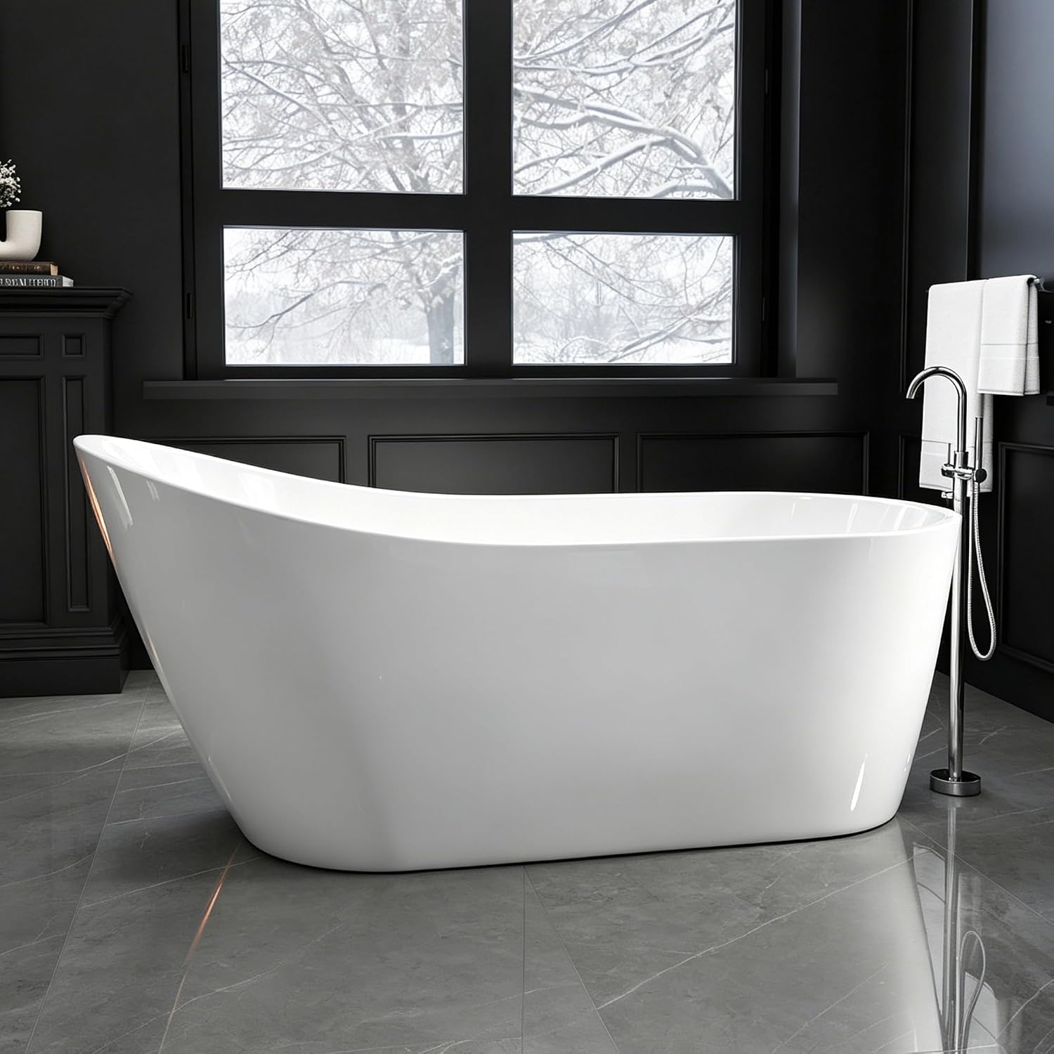 67' Acrylic Free Standing Tub, High-Back Freestanding Bathtub, Soaking Tub with Overflow and Drain, Gloss White