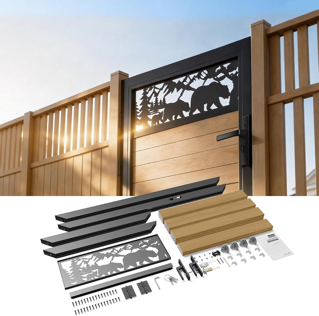 3x5 FT Aluminum Fence Gate Kit Wood Grain Aluminum Gate with Decorative Cutout, Lock & Hinges, Left/Right Opening, Weather Resistant for Yard Garden Patio