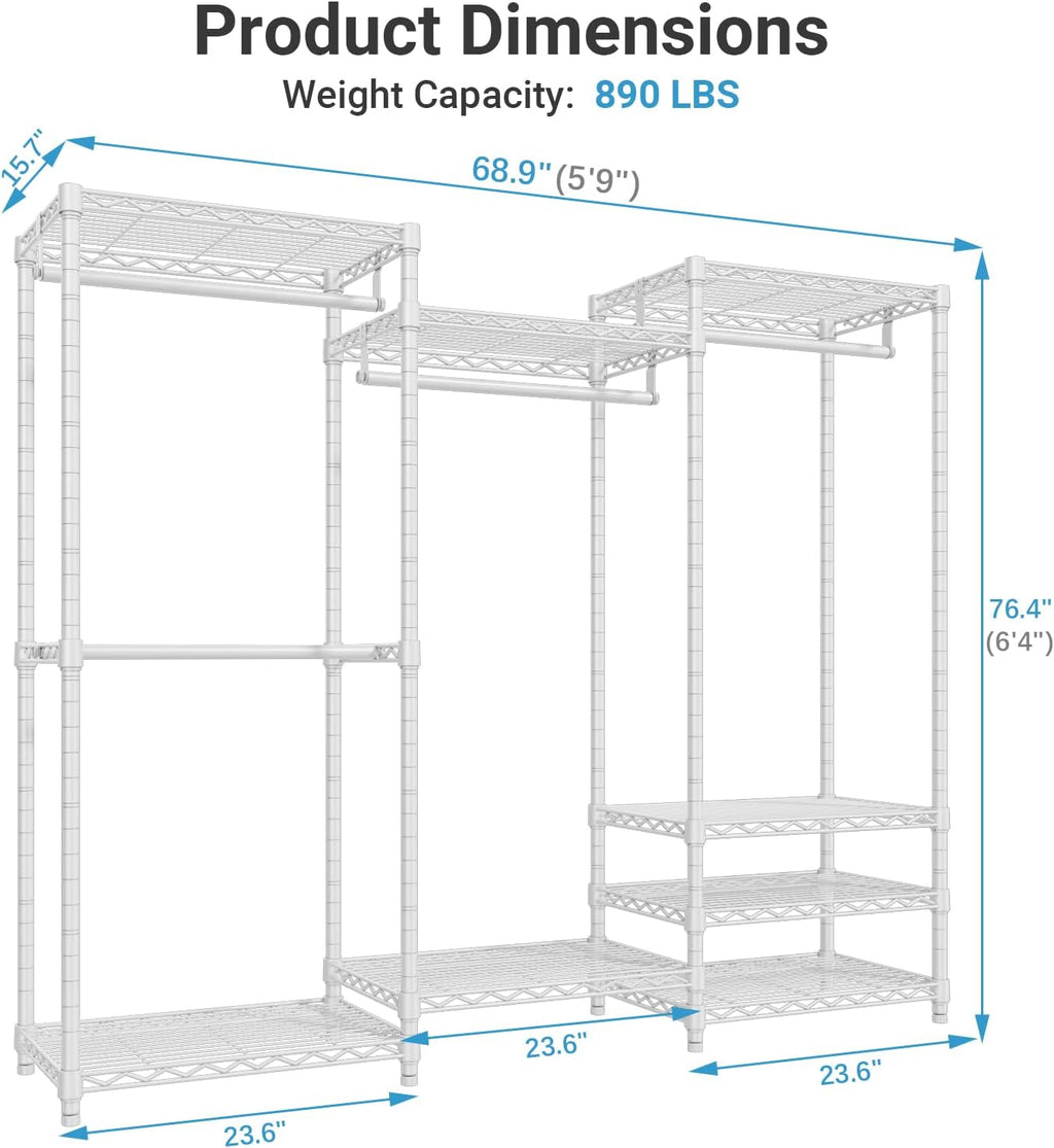 VIPEK V5 Portable Closet Wardrobe Heavy Duty Clothes Rack, Freestanding Clothing Racks with 4 Hang Rods & 8 Shelves, Adjustable Custom Closet Racks, 68.9' L x 15.7' W x 76.4' H, Max Load 890LBS, White