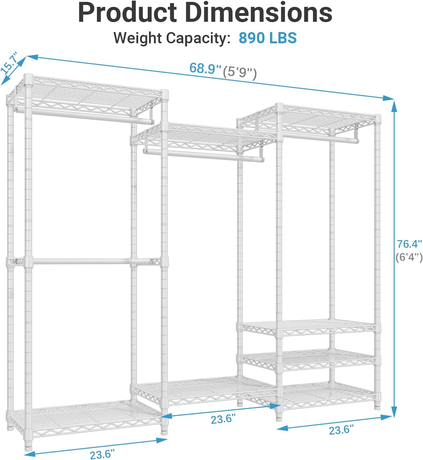 VIPEK V5 Portable Closet Wardrobe Heavy Duty Clothes Rack, Freestanding Clothing Racks with 4 Hang Rods & 8 Shelves, Adjustable Custom Closet Racks, 68.9' L x 15.7' W x 76.4' H, Max Load 890LBS, White