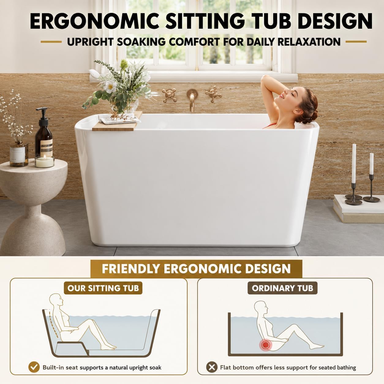 GarveeLife 49' Acrylic Freestanding Soaking Bathtub, Deep Ergonomic Design,cUPC Certified Bath Tub, Double-Walled Insulation, Matte Drain & Overflow, Easy Install, Modern Bathroom Tub, All White