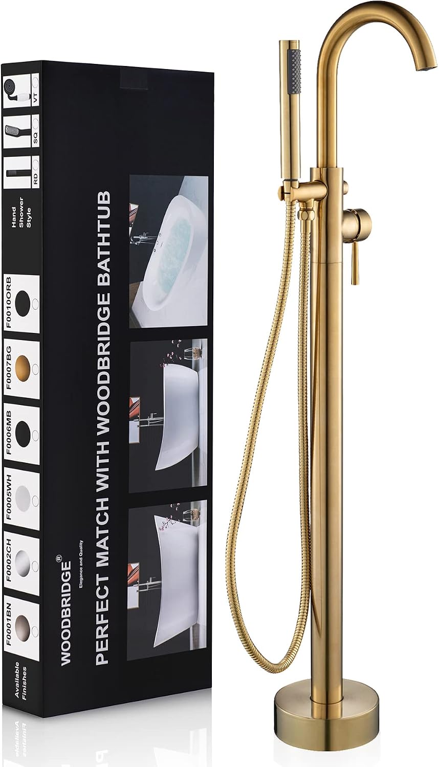 WOODBRIDGE F0007 BG Freestanding Tub Filler Bathtub Floor Mount Brass Bathroom Faucets with Hand Shower, F-0007 Golden, Brushed Gold