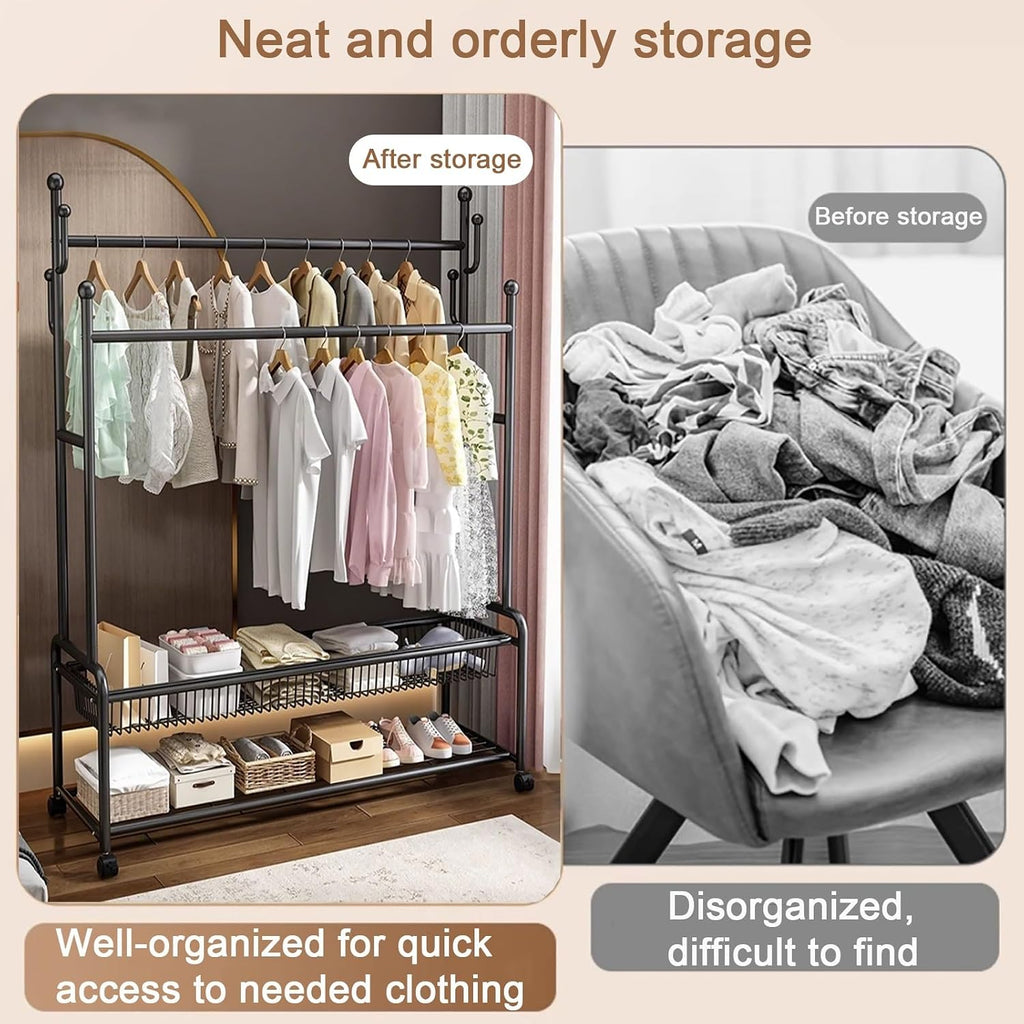 Portable Clothes Rack For Hanging Clothes,Metal Garment Rack With Storage Shelves And Coat/Hat Hooks,Freestanding Clothing Organizer,For Bedroom Living Room,Black/Gold(Black,100cm(39.4in))