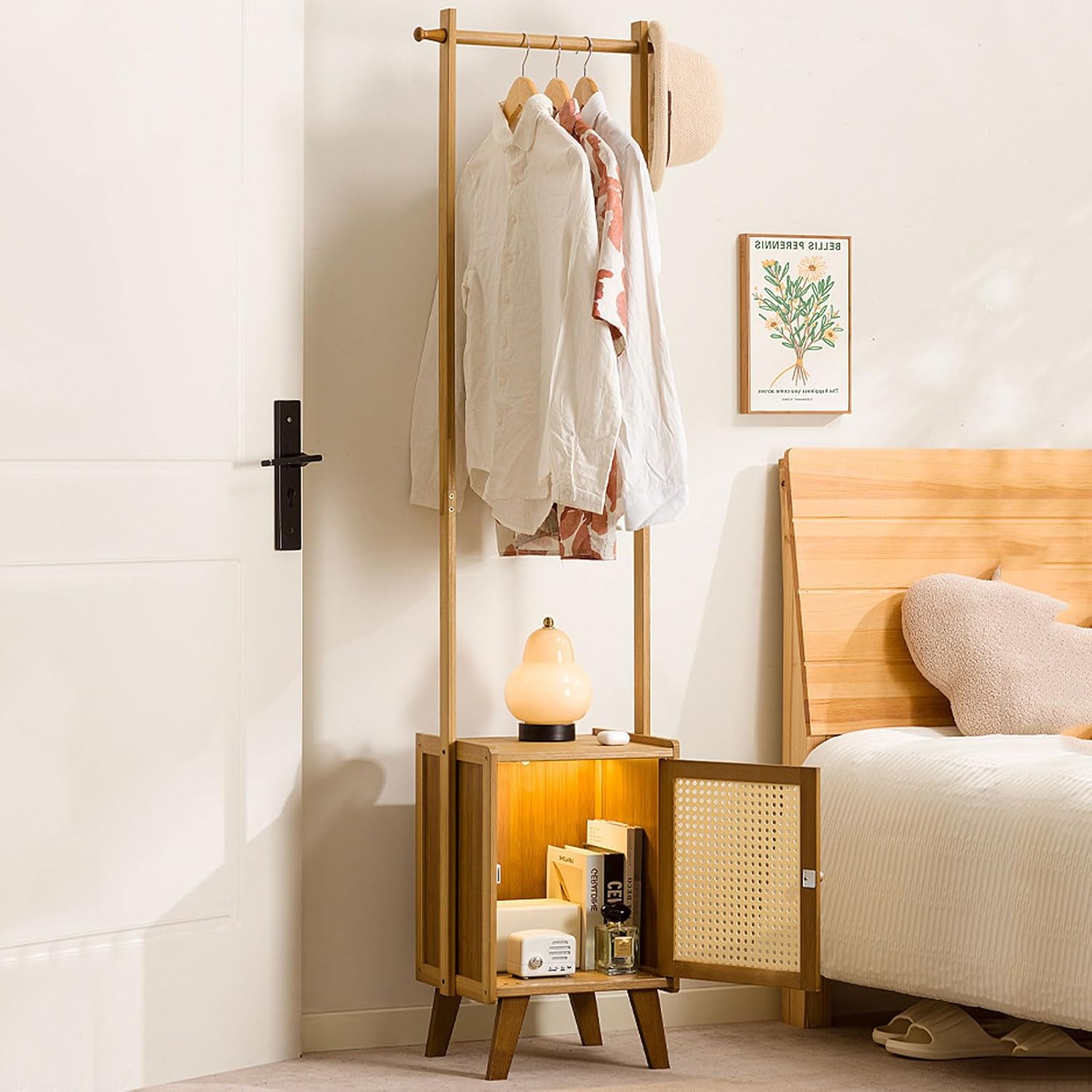 Bamboo Clothes Rack with Storage Cabinet Clothing Hanging Rail, Open Wardrobe Coat Stands Free Standing Garment Rack for Bedroom Living Room Hallway