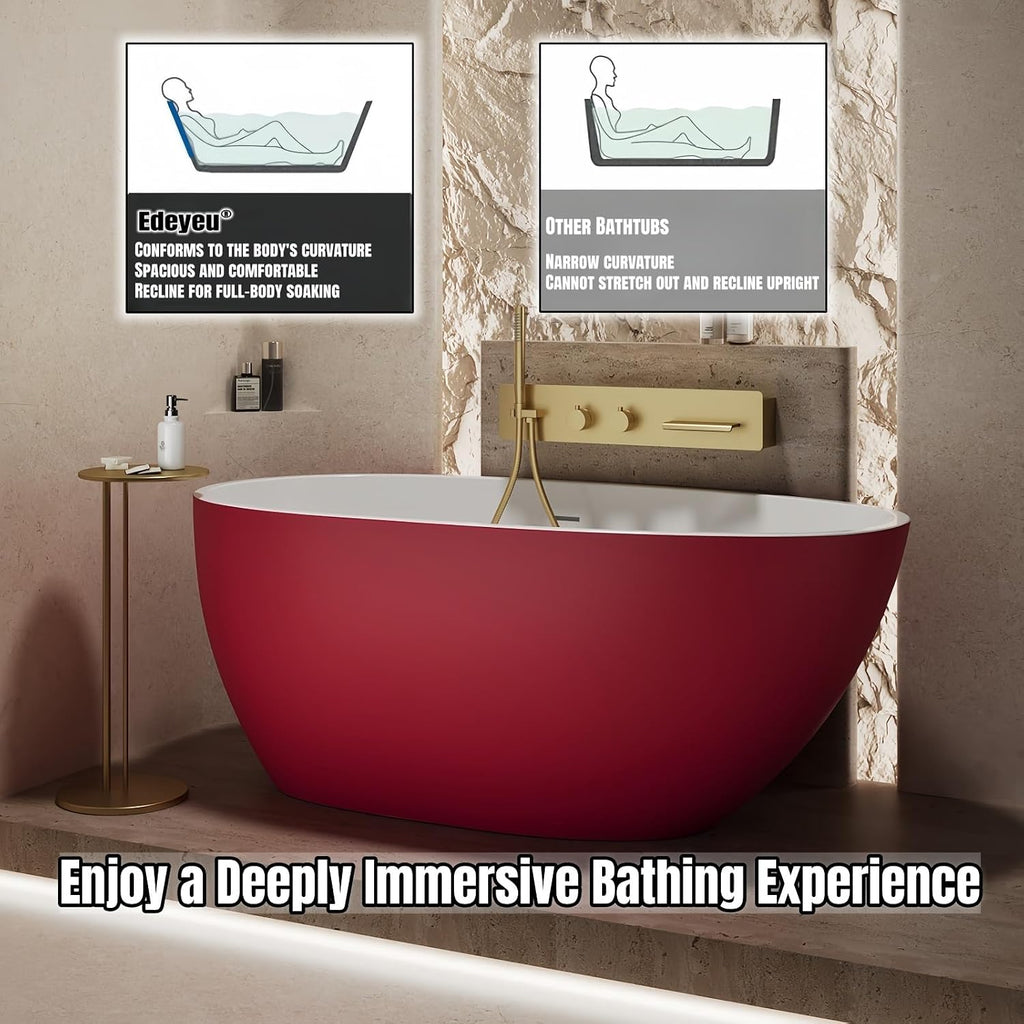 60' Edeyeu Oval Freestanding Bathtub - Extra Deep Soaker Tub With Premium Acrylic, Ergonomic Solid Surface Stand Alone Bathtub, Modern Freestanding Bathtubs For Spa Experience Pink A