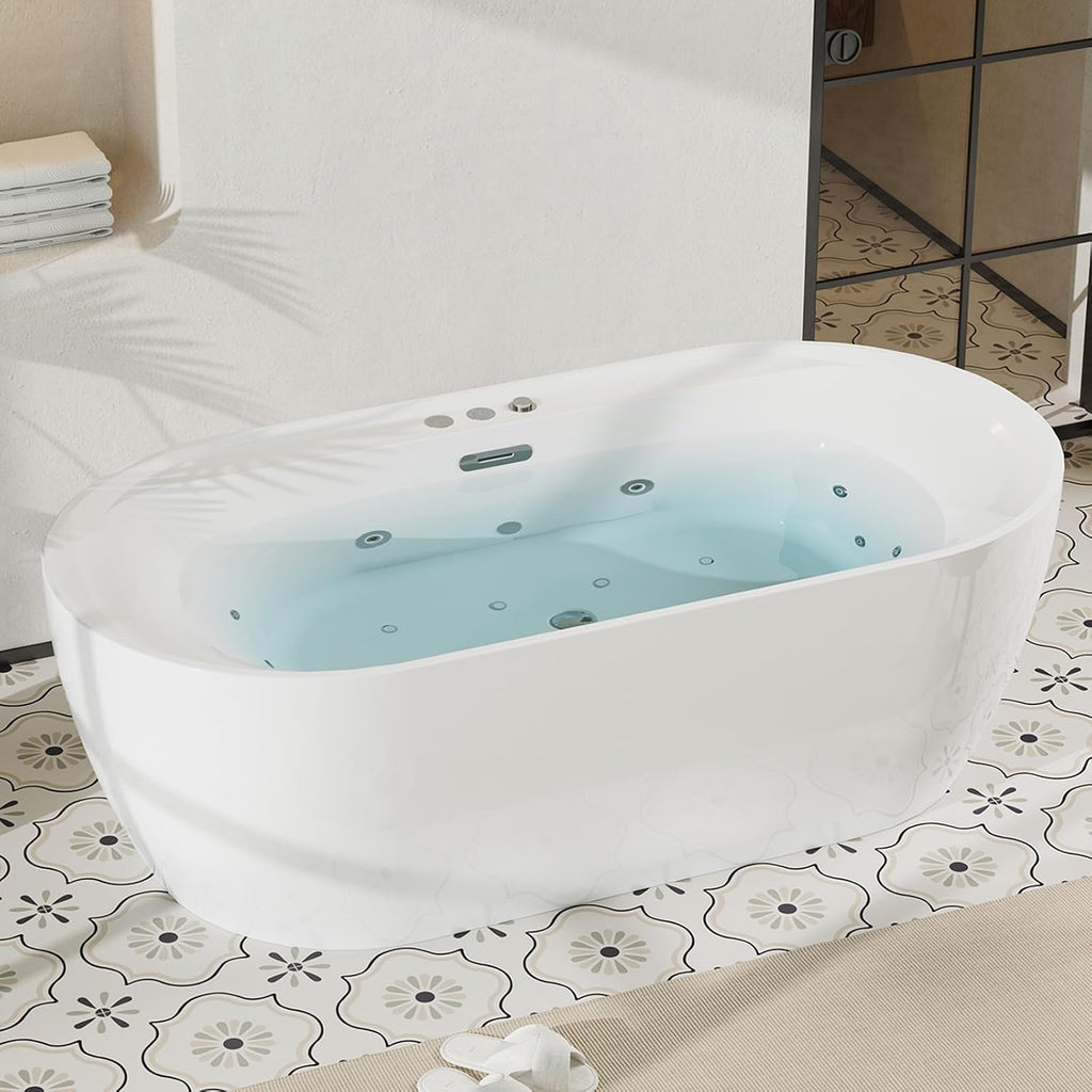 71 Inch Freestanding Jetted Tub,Acrylic Massage Bathtub with 10 Jets and LED Chromatherapy, White Jetted Bath Tub for Modern Bathrooms