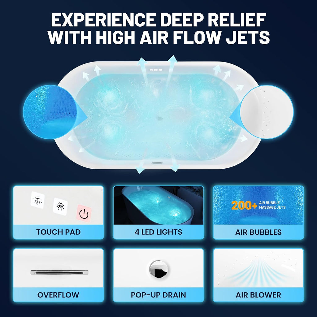 ANZZI 67' Freestanding Tub, Air Bubble Acrylic Freestanding Bathtub, White Acrylic + Fiberglass, Soaking Tub, Drain and Overflow, Light Up Control Pad (AMZ-FT-67)
