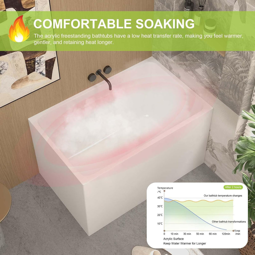 43' Acrylic Freestanding Tub, Square Shape Soaking Bathtub with Chrome Overflow and Left Drain, Free Standing Acrylic Tubs White
