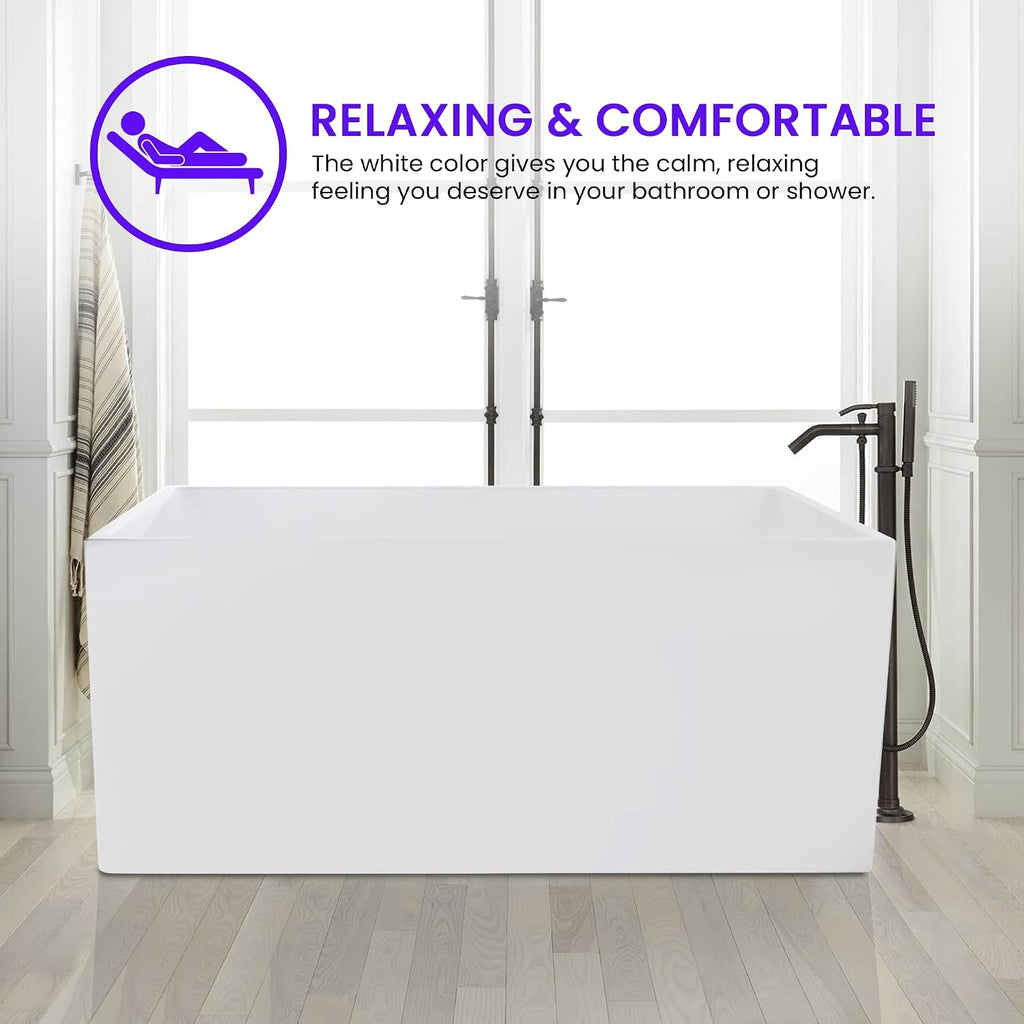 Vanity Art 55 x 29 Inch White Acrylic Freestanding Bathtub | Contemporary Design Soaking Tub with Pop-up Drain and Slotted Overflow Included, UPC Certified VA6816B-M-PW