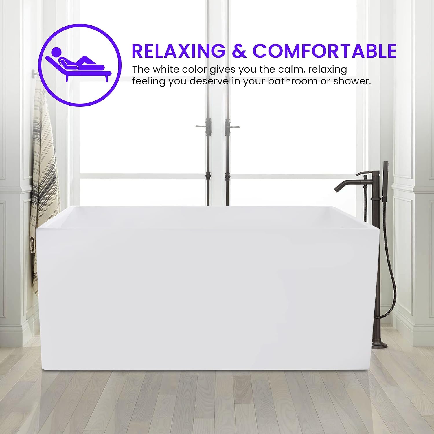 Vanity Art 55 x 29 Inch White Acrylic Freestanding Bathtub | Contemporary Design Soaking Tub with Pop-up Drain and Slotted Overflow Included, UPC Certified VA6816B-M-PW