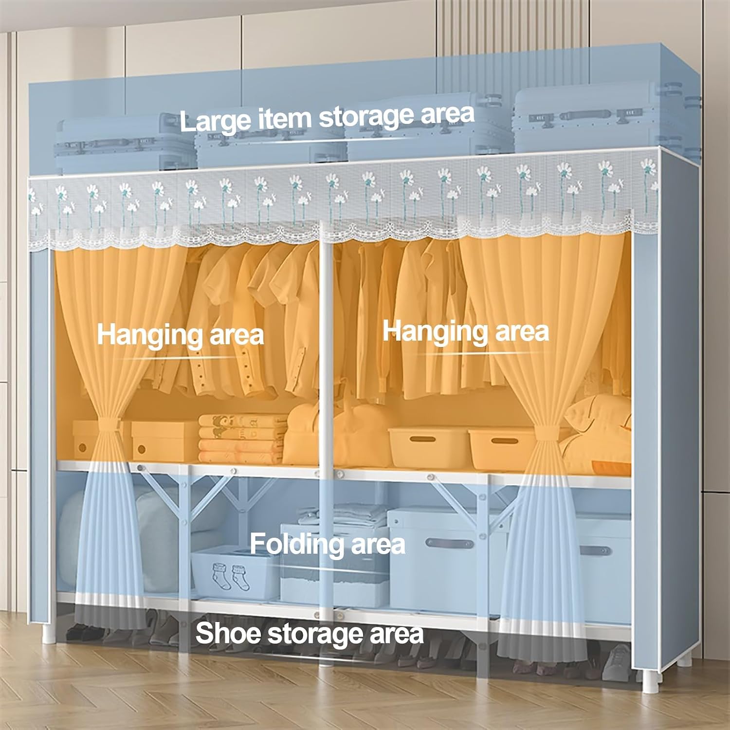Portable Wardrobe Closet With Cover, Metal Freestanding Clothing Rack For Hanging Clothes, Wardrobe With Alloy Steel Connectors, Garment Rack For Bedroom, Dorm(Blue,150x170x45cm)