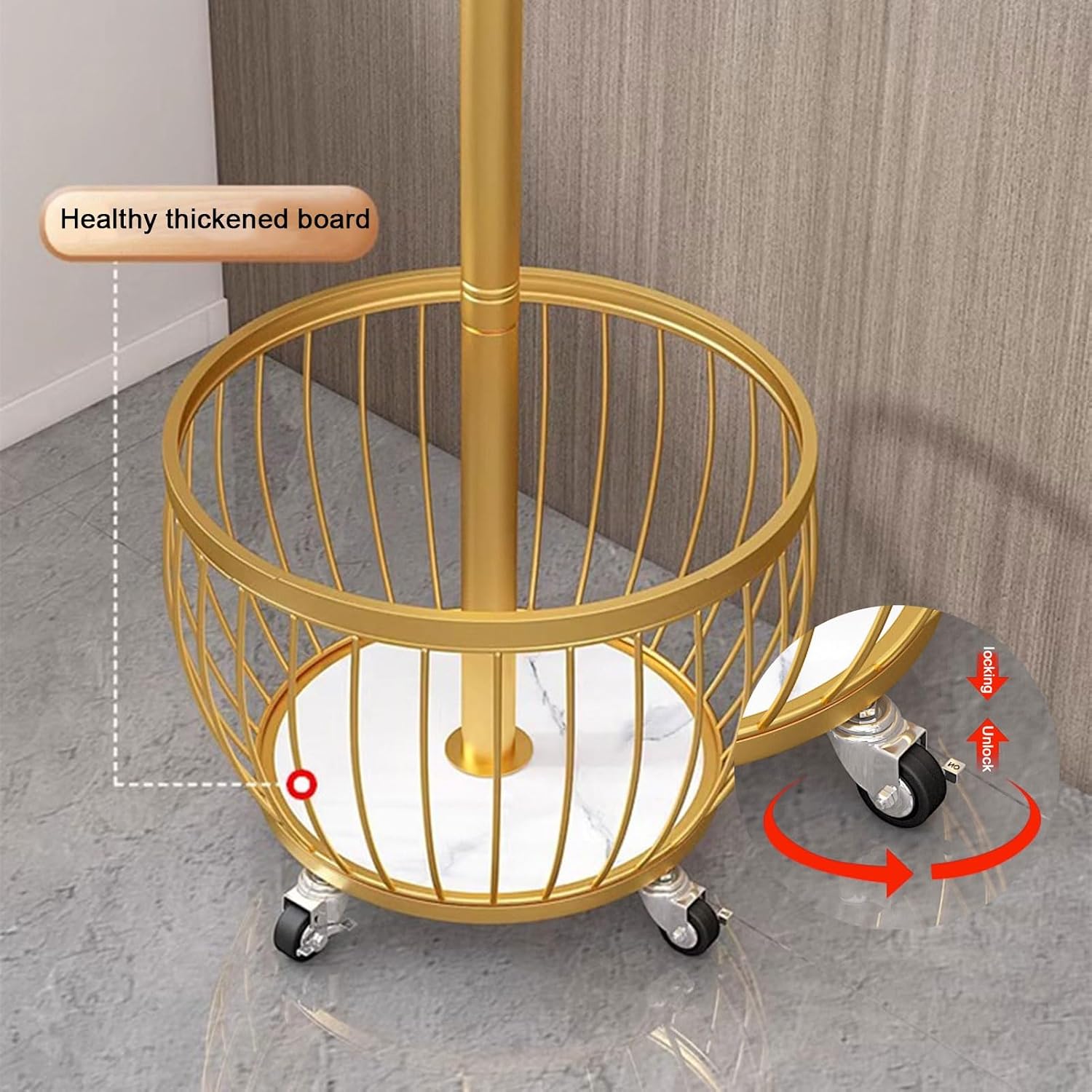 Gold Metal Clothing Hanger Rack with Wheels, Freestanding Organizer for Hanging Clothes, Includes 4 Hooks, Stylish Garment Rack for Home & Retail (Size B)