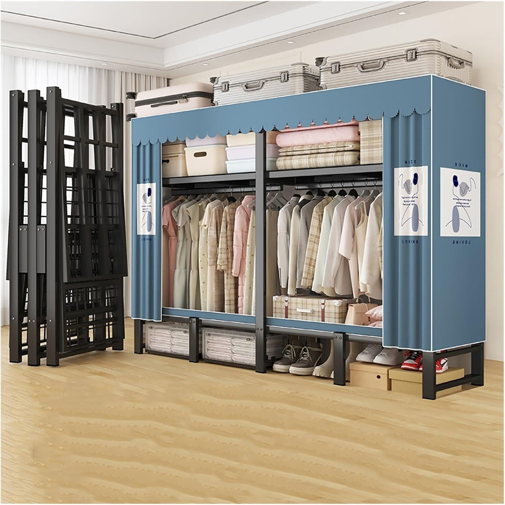 Heavy Duty Portable Wardrobe Closet with Cover, Foldable Metal Clothing Rack for Hanging Clothes, Garment Rack with Cover, Covered Metal Clothes Rack, for Bedroom, Dorm(Blue1,147cm/57.9inch)