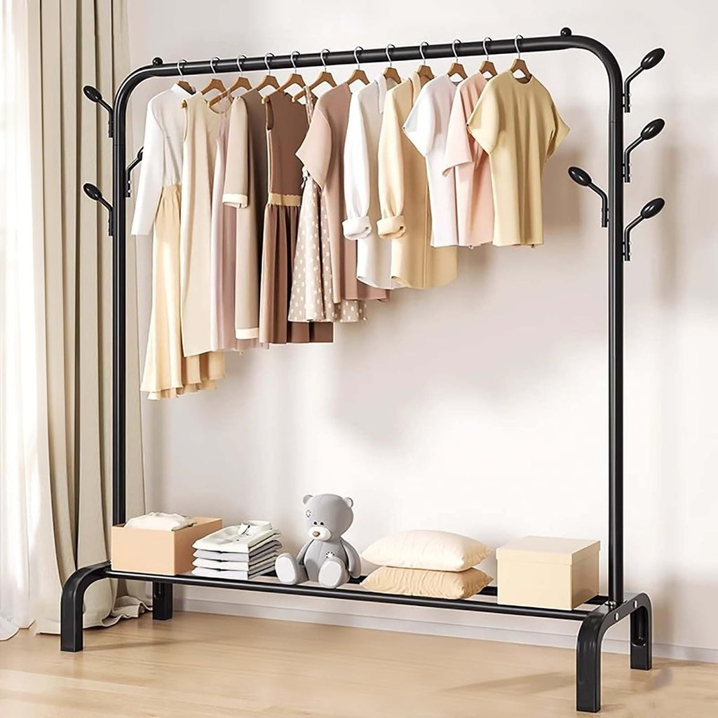 Clothes Rack,Clothing Rack For Hanging Clothes,Metal Garment Rack With Storage Shelf,Free Standing Coat Rack With Hooks,Black(Black,130cm/51.2in)