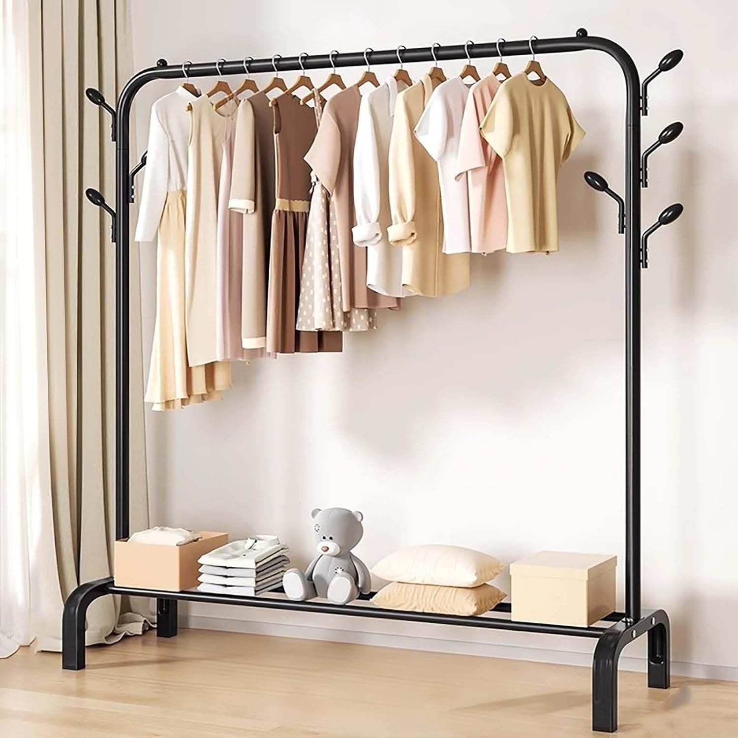 Clothes Rack,Clothing Rack For Hanging Clothes,Metal Garment Rack With Storage Shelf,Free Standing Coat Rack With Hooks,Black(Black,130cm/51.2in)