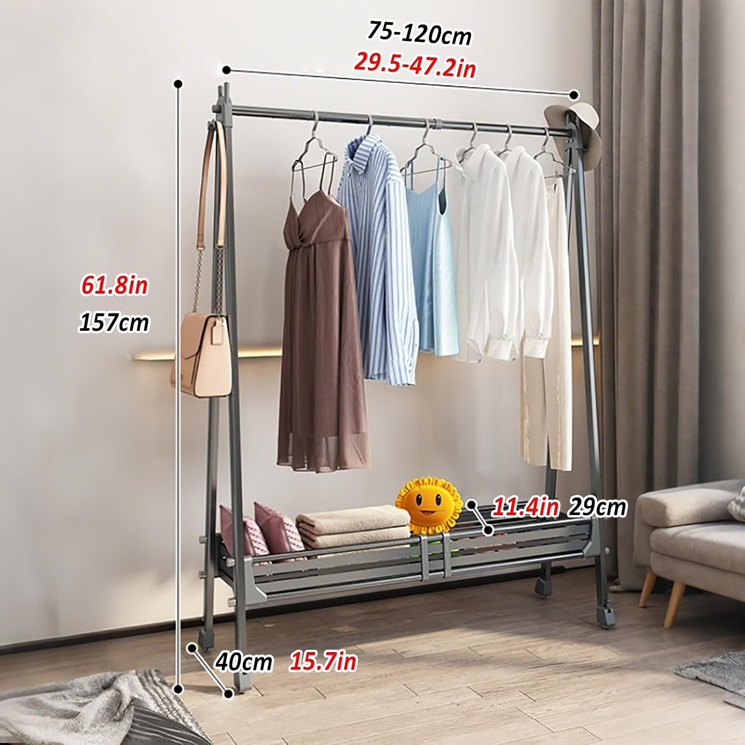 Foldable Garment Rack, Heavy Duty Clothes Rack With Wheels, Metal Collapsible Rolling Portable Wardrobe Racks, Adjustable Width (21.7-47.2'')(120cm/47.2in)